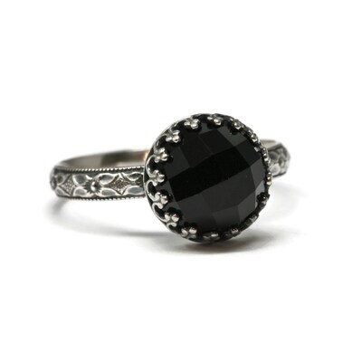 10mm Rose Cut Onyx 925 Antique Sterling Silver Ring by Salish Sea Inspirations - image1